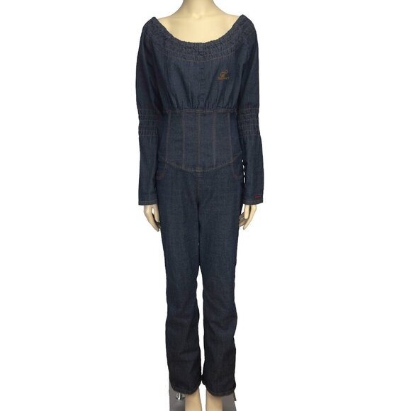 FUBU Denim Corset Waist Puff Off Shoulders Straight leg Stretch Jumpsuit sz XL L - Picture 1 of 11